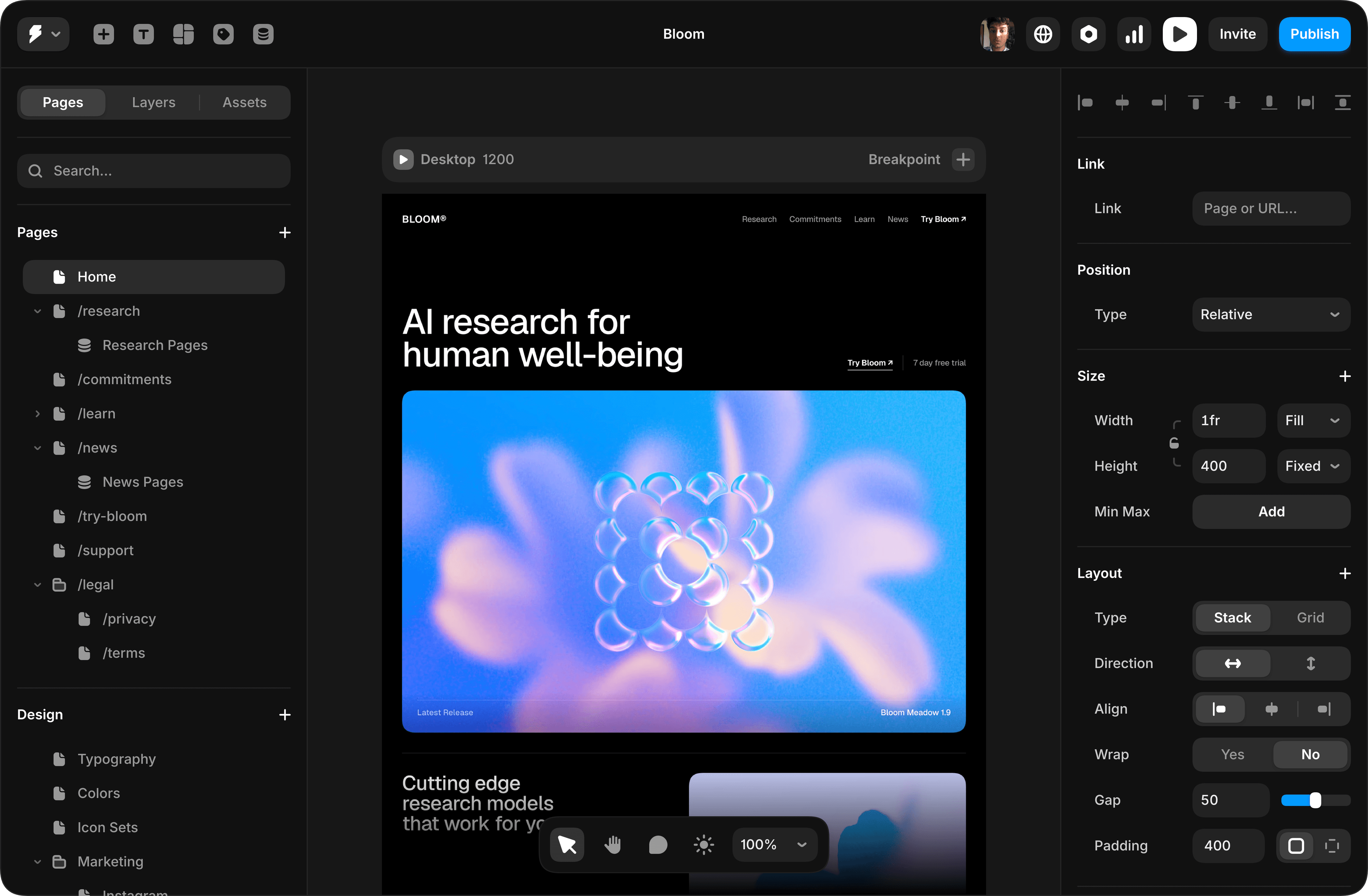 The Jayer editor: page tree, canvas with a website design, and the properties panel